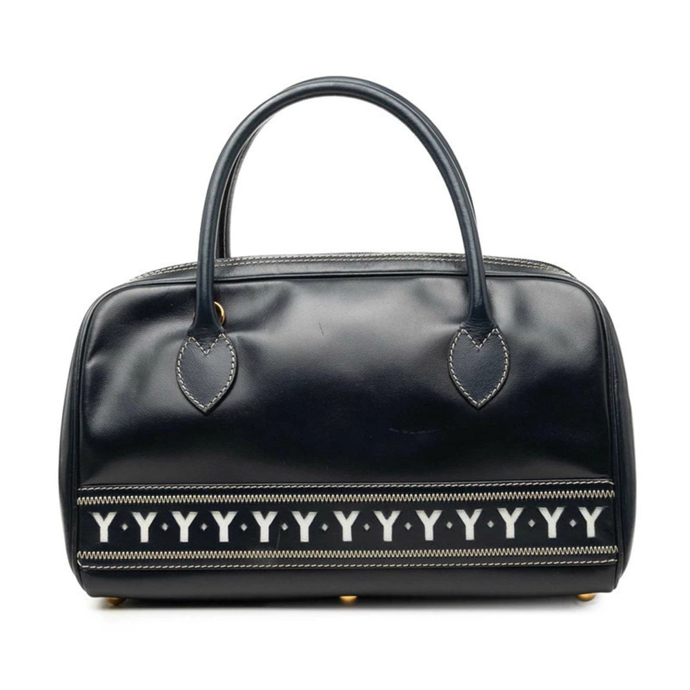 Saint Laurent Boston Bag Handbag Navy Blue White Leather